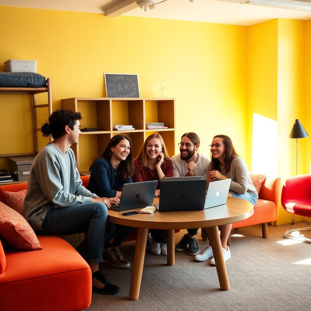 Residents co-working in the lounge